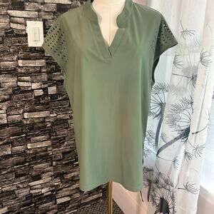 Sooth feel Women XXL Golf Cap Sleeve V-neck Shirt Die Cut Shoulders Army Green